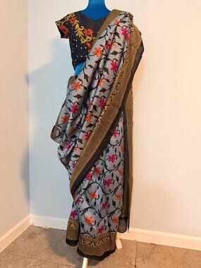 Grey Floral Saree w/ Black & Gold Border + Blouse & Underskirt